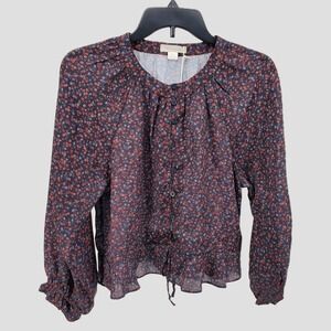 Outerknown Floral Poet Long Ruffle Sleeve Peplum Blouse Indigo Mariquita Size XS